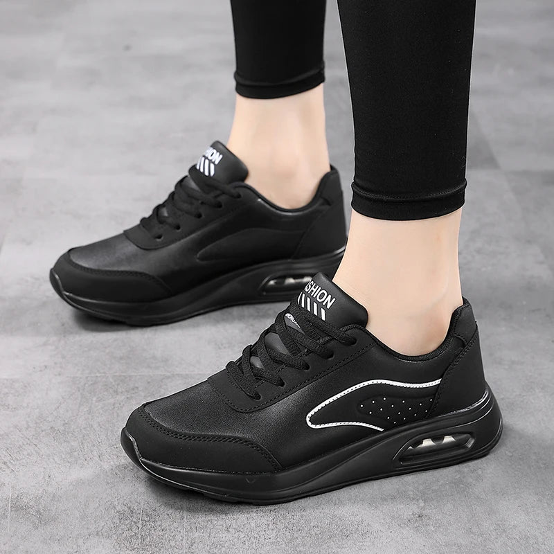 New Women's Fashionable Sneakers Leather Women's Casual Shoes Lace Up Flat Shoes Ladies Lightweight Fitness Walking Shoes