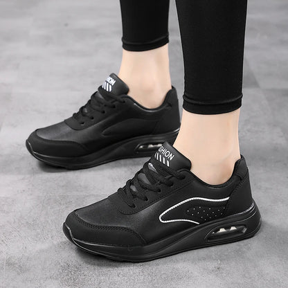 New Women's Fashionable Sneakers Leather Women's Casual Shoes Lace Up Flat Shoes Ladies Lightweight Fitness Walking Shoes