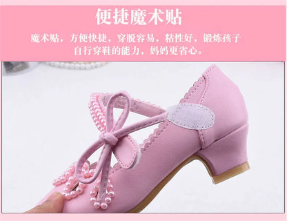 New Princess Kids High Heels Shoes Girls Wedding Dress Party Leather Shoes Children's White Shoes Performance Shoes for Students
