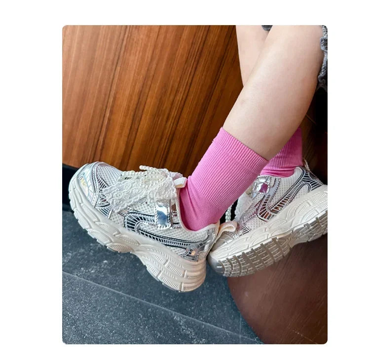 Girls Running Shoes with Sweet Mesh Bow Kids Sports Shoes Breathable New Fashion Children Sneakers Princess Style Cute