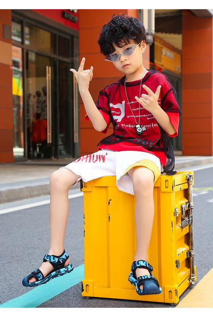 New Summer Beach Water Children Sandals Fashion Shoes Lightweight Non-slip Soft Bottom Shading Leather Boys Comfortable