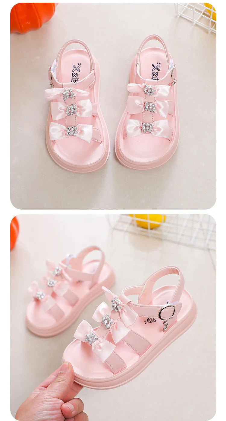 Girls Sandals with Sweet Bows Soft Sole Kids Beach Shoes Versatile 2025 Summer New Children Princess Shoes Casual Non-slip Cute