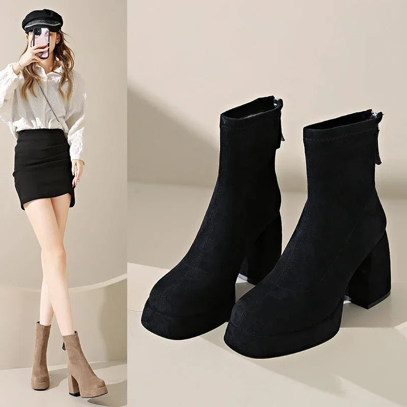 Women's Fashion High-heeled Boots Winter New British Style Soft Sole Anti-slippery Catwalk Versatile Keep Warm Leather Shoe