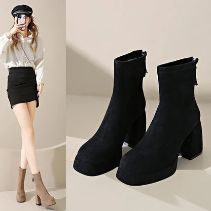 Women's Fashion High-heeled Boots Winter New British Style Soft Sole Anti-slippery Catwalk Versatile Keep Warm Leather Shoe
