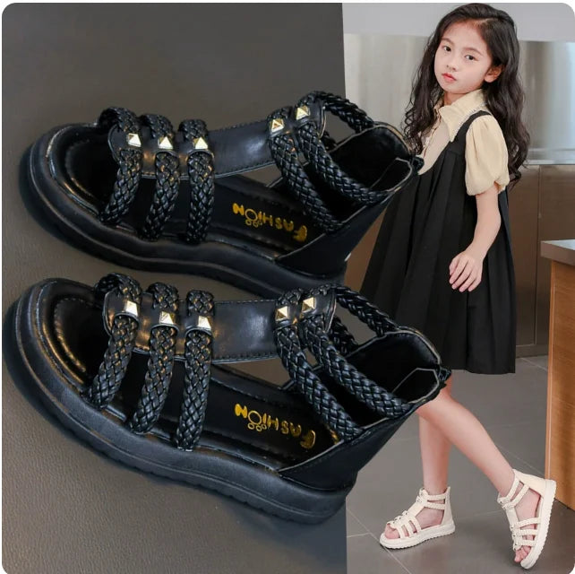 Girls Cute Roman Sandals Open Toe Braided Solid Color High-top Simple Rivets 2025 Summer Hollow Flat Casual Shoes