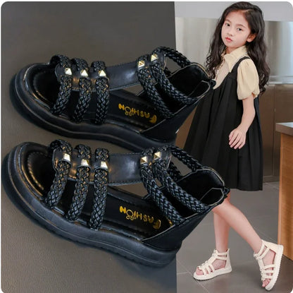 Girls Cute Roman Sandals Open Toe Braided Solid Color High-top Simple Rivets 2025 Summer Hollow Flat Casual Shoes
