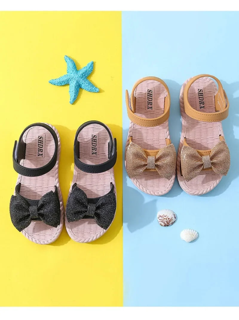 Kids Shoes Summer Girls Sandals Bow Non-slip Soft Soled Versatile Solid Korean Children Sweet Princess Shoes Beach Sandals