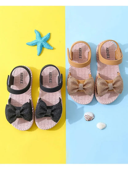 Kids Shoes Summer Girls Sandals Bow Non-slip Soft Soled Versatile Solid Korean Children Sweet Princess Shoes Beach Sandals
