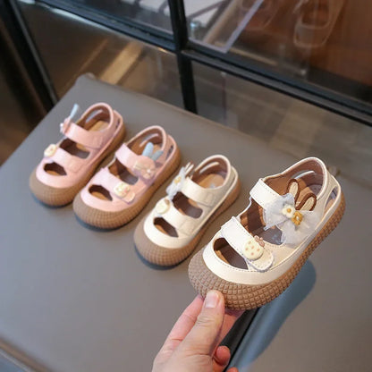 Kids Bow Summer Sweet Closed Toe Sandals Girls Princess Shoes Children Baby Kindergarten Non-slip Flats Shoes