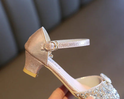 Girls High Heels for Kids Party Wedding Evening Dress Shoes Fashion Bow Diamond Crystal Shoes Princess Stockings Girl Sandals