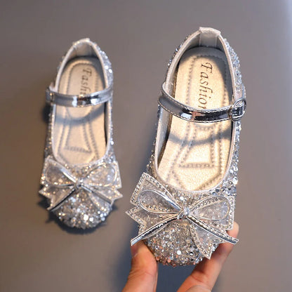 Girl's Princess Shoes Crystal Sequins Bowtie Party Glitter Children Mary Janes Three Colors Wedding Shallow Chic Kids Shoe 26-36