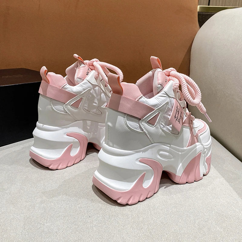 Women Walking Sneakers 2025 Spring Lace-up High Platform Chunky Shoes Breathable Leather Shoes 10CM Wedge Heels Casual Shoes