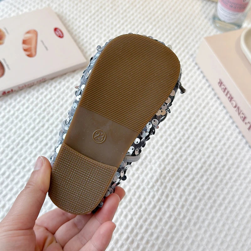 Girls Shoes Kids Glitter Leather Shoes for Wedding Stage Party Sequins Bling Shiny with Bow-knot Princess Soft Children's Flats