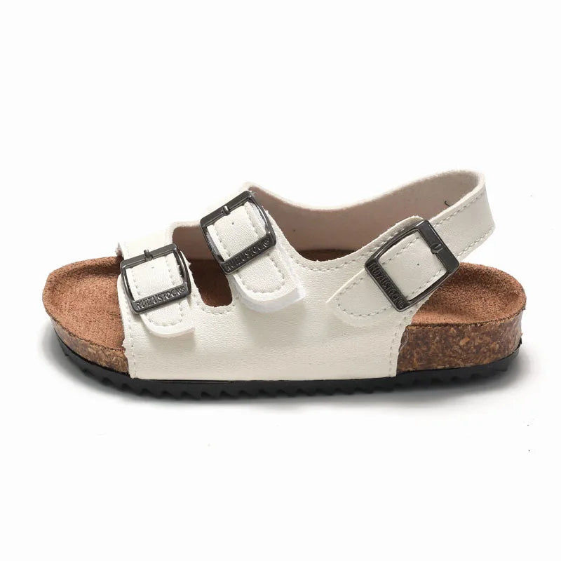 Boys Summer Soft Soled Cork Sandals Children One Line Herringbone Slippers Girl Beach Breathable Double Ring Buckle Casual Shoes