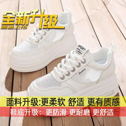 Women's White Chunky Sole Sneakers – Breathable Mesh Shoes with Thick Platform and Air Cushion for Casual Wear
