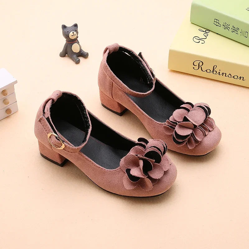 Girl's High Heel Shoes Spring Autumn Kids Leather Shoe Fashion Sweet Flower Children Princess Shoes for Wedding Party Versatile