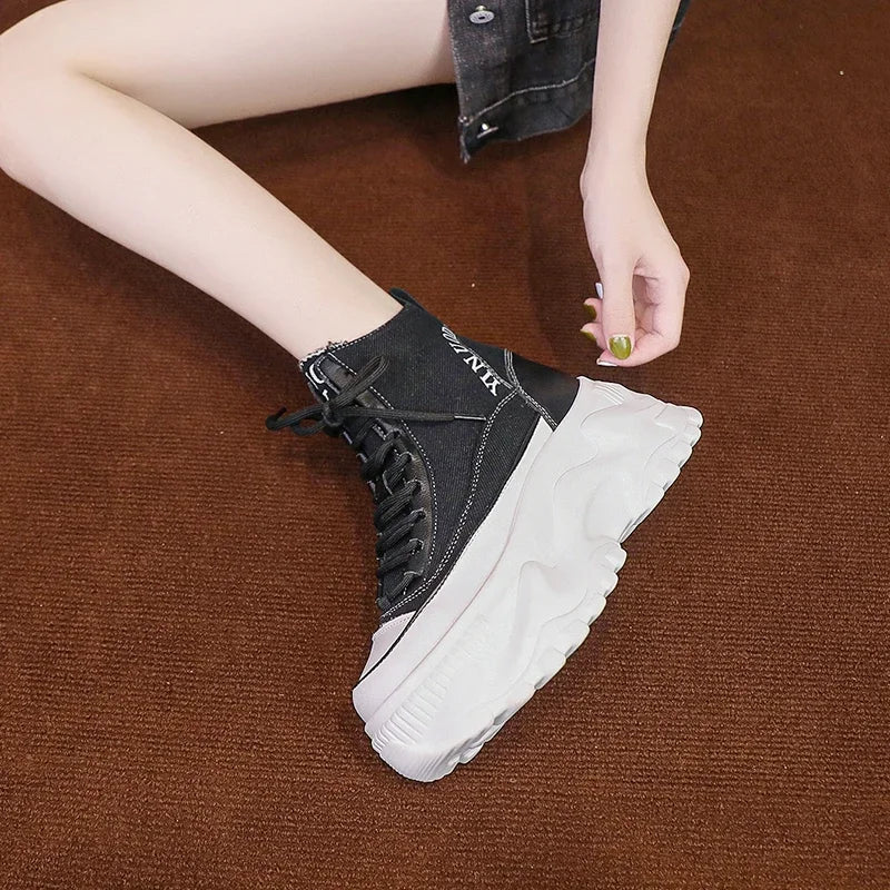 Women Sneakers High Top Platform Breathable Leather Shoes Autumn Ladies Wedges Casual Shoes For Woman Sports Dad Shoes 8CM