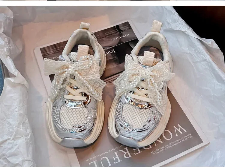 Girls Running Shoes with Sweet Mesh Bow Kids Sports Shoes Breathable New Fashion Children Sneakers Princess Style Cute