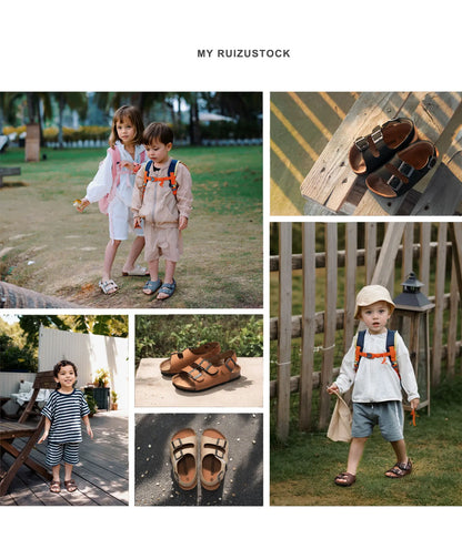 Boys Summer Soft Soled Cork Sandals Children One Line Herringbone Slippers Girl Beach Breathable Double Ring Buckle Casual Shoes