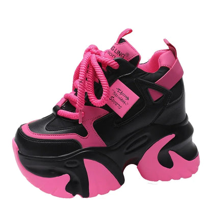 Women Walking Sneakers 2025 Spring Lace-up High Platform Chunky Shoes Breathable Leather Shoes 10CM Wedge Heels Casual Shoes