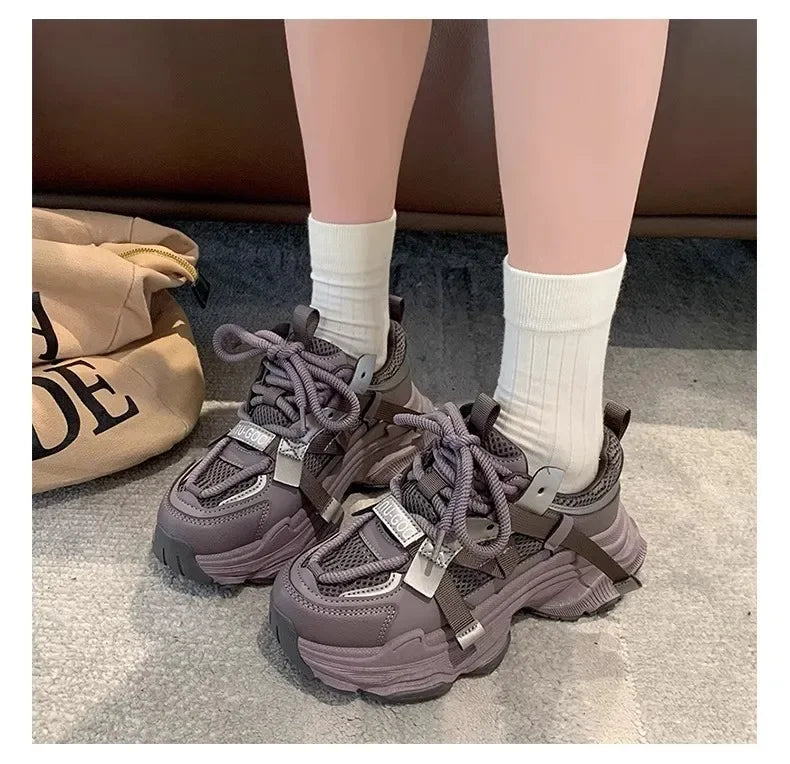 Women's Chunky Sneakers  Breathable Mesh Platform Sports Shoes Woman Fashion Lace Up Thick Sole Casual Shoes Mujer 2024