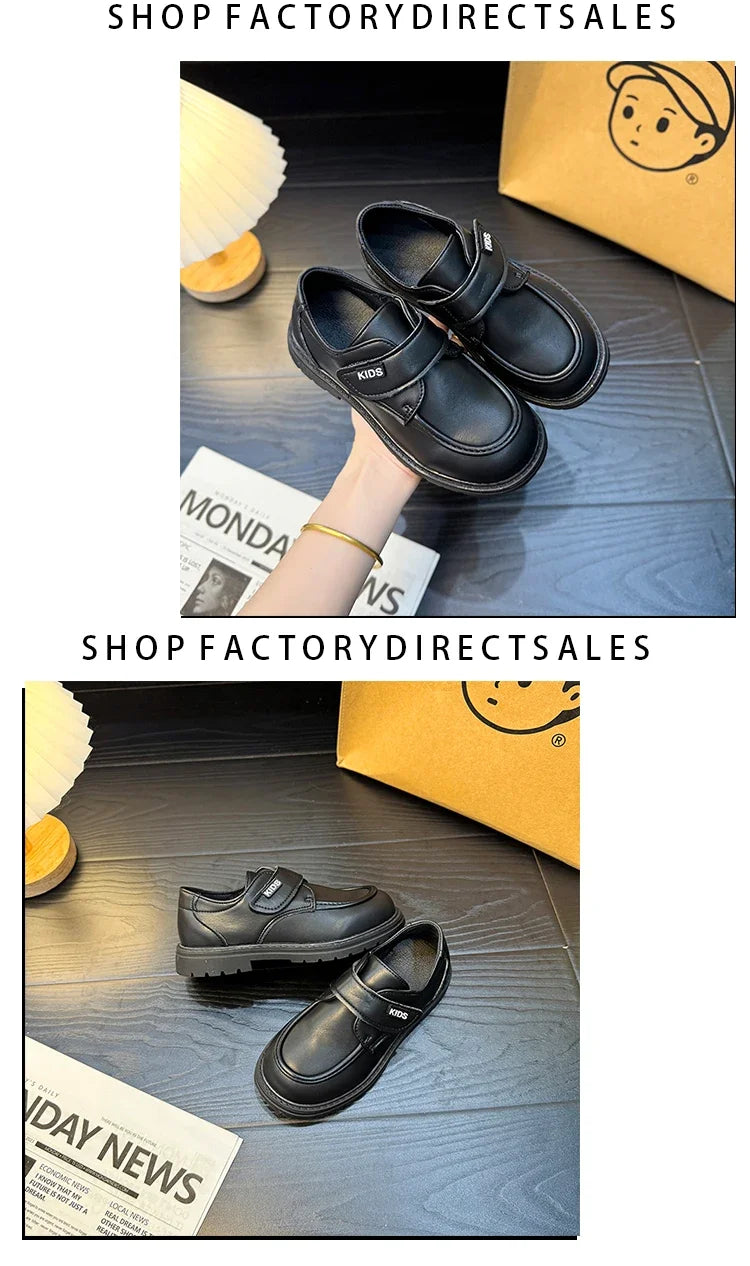 Boys Casual Leather Shoes Black Party Shoes for Formal Wedding School Fashion Classic Hook & Loop Kids Fashion Casual Loafers