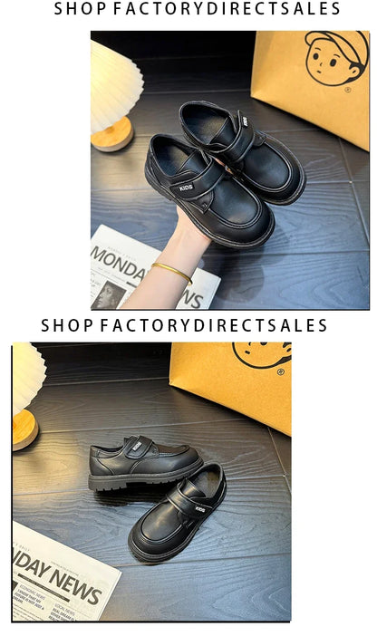 Boys Casual Leather Shoes Black Party Shoes for Formal Wedding School Fashion Classic Hook & Loop Kids Fashion Casual Loafers
