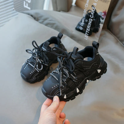 Children's Sneakers Four Seasons Leather Boys Girls Single Shoes Black Soft Bottom Non-slip Kids Running Shoes
