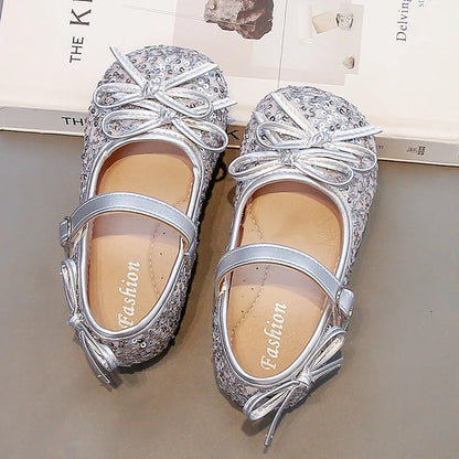 Girls' shoes Princess shoes for girls spring and autumn new models sequins soft sole leather shoes