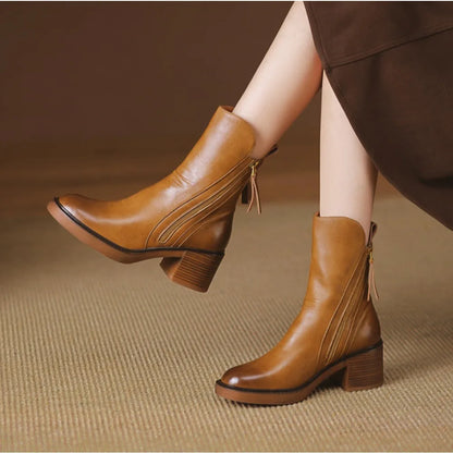 Women's Boots Spring and Autumn New Chelsea Boots Thick Heel Brown Short Leather Shoes for Women High Heels platform shoes