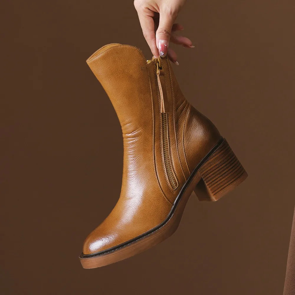 Women's Boots Spring and Autumn New Chelsea Boots Thick Heel Brown Short Leather Shoes for Women High Heels platform shoes