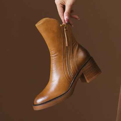 Women's Boots Spring and Autumn New Chelsea Boots Thick Heel Brown Short Leather Shoes for Women High Heels platform shoes