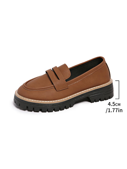 New Black/Brown Solid Color Thick-Soled Loafers Women's Platform Slip-On Shoes Retro Versatile Small Leather Shoes for Commuting