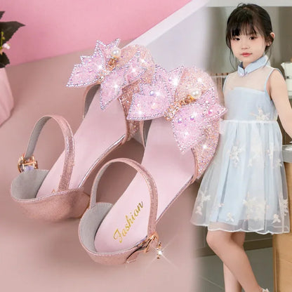 Girls Princess Shoes High Heels for Wedding Party Kids Dance Shoes Sweet Bows 2025 Summer New Children Half Sandals Shiny Sequin