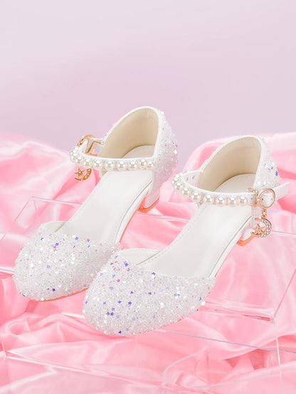 Girls' Princess Style High Heel Shoes With Shiny Star Pendant Decoration, Suitable For Dress And Birthday Party