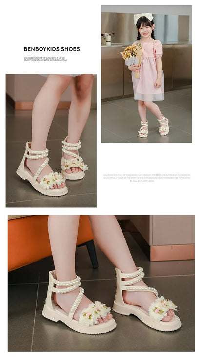 Children's Sandals Summer Bowtie Princess Shoes for Girls Fashion Sweet Kids Causal Pearl Roman Sandals Solid Color Hook Loop