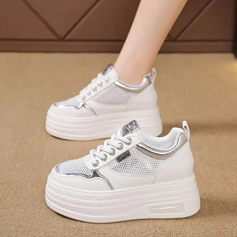 Women's White Chunky Sole Sneakers – Breathable Mesh Shoes with Thick Platform and Air Cushion for Casual Wear
