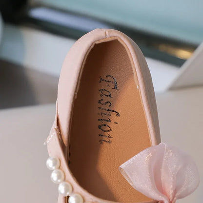 Girls Pearls Leather Shoes for Party Wedding Children Elegant Princess Shoes with Bow-knot Kids Flats Mary Janes Shoes Round-toe