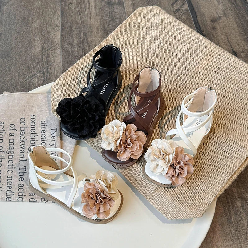 Girls' Sandals Summer New Children's Flower Princess Shoes Medium Large Children's Soft Bottom High Butt Roman Shoes