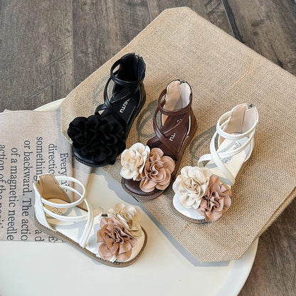 Girls' Sandals Summer New Children's Flower Princess Shoes Medium Large Children's Soft Bottom High Butt Roman Shoes