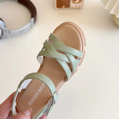 Girls Sandals 3-18 Years Old Beige Open-toe Woven Kids Beach Shoes Summer New Green Fashion Hundred Children's Sandals Shoes