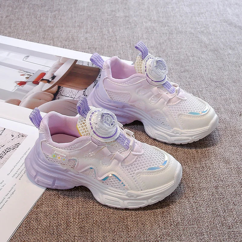 Girls Sneakers with Sweet Flowers Children Running Shoes Rotating Button New Kids Sports Shoes Princess Style Comfortable