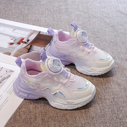 Girls Sneakers with Sweet Flowers Children Running Shoes Rotating Button New Kids Sports Shoes Princess Style Comfortable