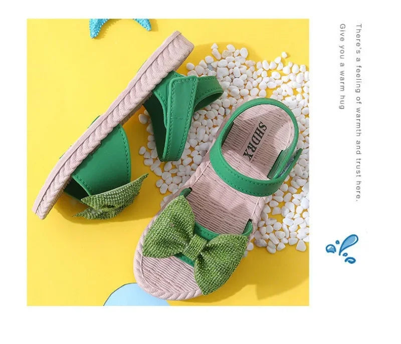 Kids Shoes Summer Girls Sandals Bow Non-slip Soft Soled Versatile Solid Korean Children Sweet Princess Shoes Beach Sandals