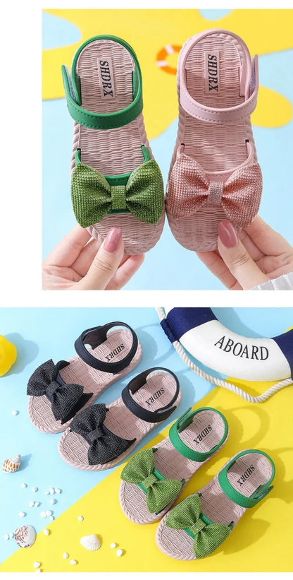 Kids Shoes Summer Girls Sandals Bow Non-slip Soft Soled Versatile Solid Korean Children Sweet Princess Shoes Beach Sandals