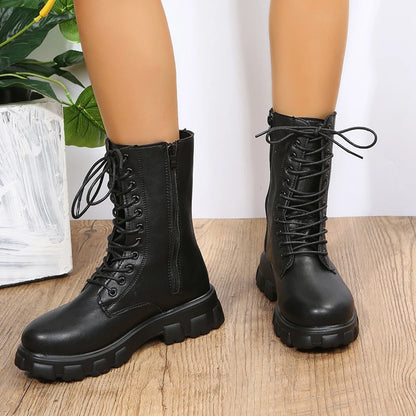 Boots Women Autumn Winter PU Leather White Ankle Boots Motorcycle Botines Female Chunky Heels Platform Boots Botas Mujer