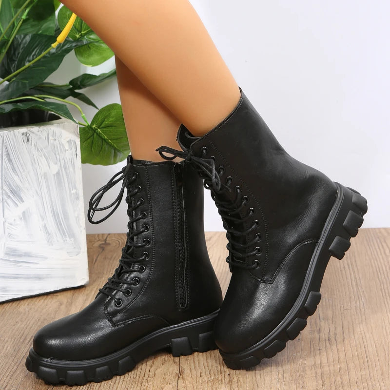 Boots Women Autumn Winter PU Leather White Ankle Boots Motorcycle Botines Female Chunky Heels Platform Boots Botas Mujer
