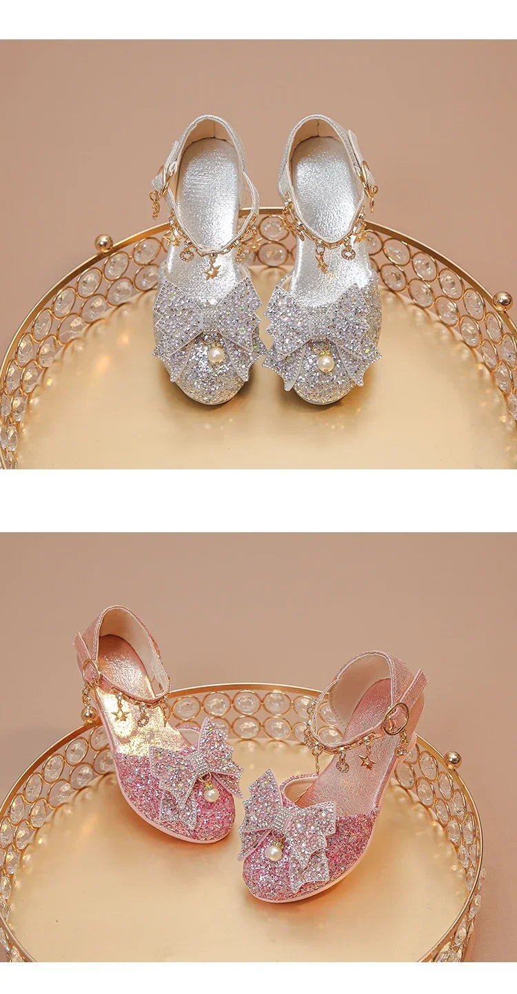 Girls High Heeled Leather Shoes High Heels for Wedding Party Glitter Rhinestone with Bow-knot Kids Dress Pendant Bling Sparkling