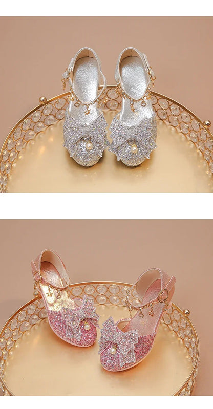 Girls High Heeled Leather Shoes High Heels for Wedding Party Glitter Rhinestone with Bow-knot Kids Dress Pendant Bling Sparkling