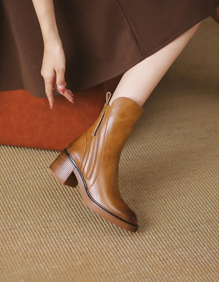 Women's Boots Spring and Autumn New Chelsea Boots Thick Heel Brown Short Leather Shoes for Women High Heels platform shoes